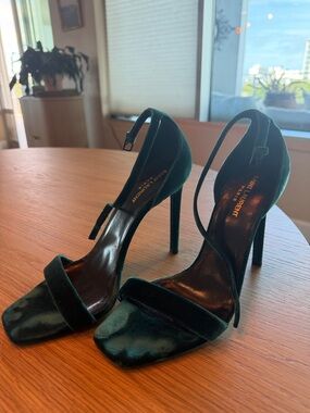 Saint Laurent Emerald Green Velvet Ankle-Strap Stiletto Sandals